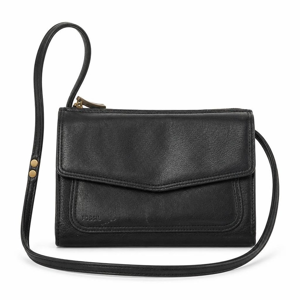 Fossil Black Leather Crossbody Wallet Bag Clutch Purse Multi Pocket Phone Case